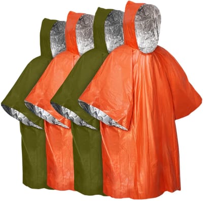 4 stuks - Waterdichte overlevingsdeken - Nooddeken - 125cm*100cm - Omkeerbaar - met Capuchon - Waterdicht - Winddicht - Draagbaar - Thermische nooddeken - Reddingsdeken - Isolatiedeken - Folie Deken Geïsoleerde Survival Dekens