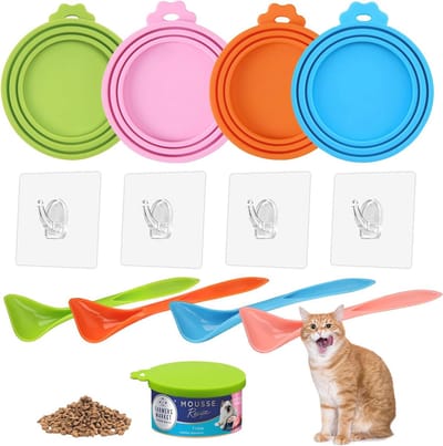 Universele siliconen deksels voor katten- en hondenvoerdozen - 4 stuks met lepel en haak