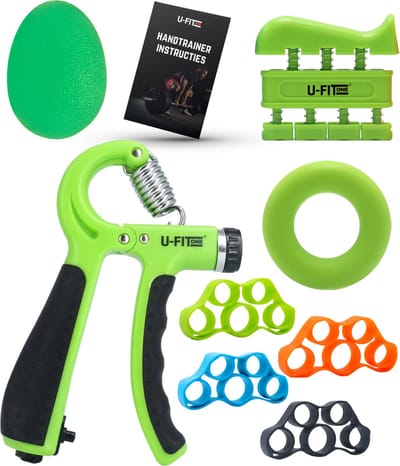 U Fit One 8 Delige Handtrainer Set - Verstelbare Teller Handgrip - Handknijper - Knijphalter - Stressbal - Vingertrainer - Onderarm Trainer - Groen