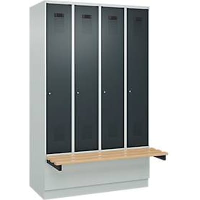 C+P Evolo Plus garderobekast, 4 vakken van elk 300 mm breed, sokkel, zwevende bank, B 1200 x D 815 x H 1950 mm, cilinder, lichtgrijs/antracietgrijs