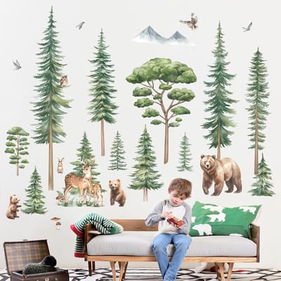 Grote muurstickers met dennenboom, bos, bosdieren, beer en hert voor de kinderkamer of slaapkamer