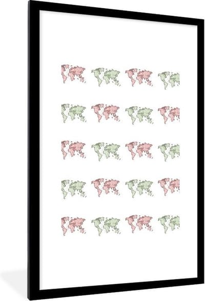 Poster in lijst - Fotolijst 80x120 cm - Posters - Wereldkaarten - Sjabloon - Roze - Groen - Posterlijst zwart - Decoratie - Wanddecoratie woonkamer - Muurdecoratie slaapkamer