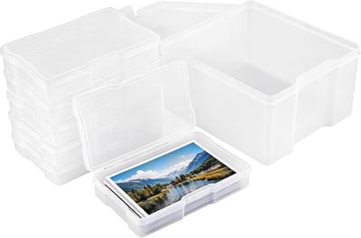 Opbergdoos voor foto's en accessoires, 6 vakken, 22 x 18 x 14 cm, transparant, met handvat en deksel, ideaal voor stickers, zaaigoed en ansichtkaarten
