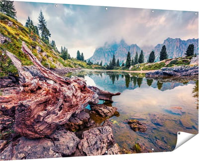 Gards Tuinposter Meer met Rotsen in de Alpen Bergen - 180x120 cm - Tuindoek - Tuindecoratie - Wanddecoratie buiten - Tuinschilderij