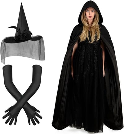 Heksen Cape met Kap voor Halloween, 3-delig Kostuum met Heksenhoed en Handschoenen, Zwart