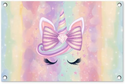Tuinposter 60x40 cm - Tuindecoratie Eenhoorn - Glitters - Regenboog - Pastel - Poster voor in de tuin - Buiten decoratie - Schutting tuinschilderij - Tuindoek muurdecoratie - Wanddecoratie balkondoek