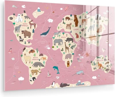 ® Glasschilderij 180x120 cm - Schilderij acrylglas - Wereldkaart kinderen - Dieren - Aarde - Jongens - Meiden - Roze - Foto op glas - Muurdecoratie woonkamer - Wanddecoratie slaapkamer - Schilderijen