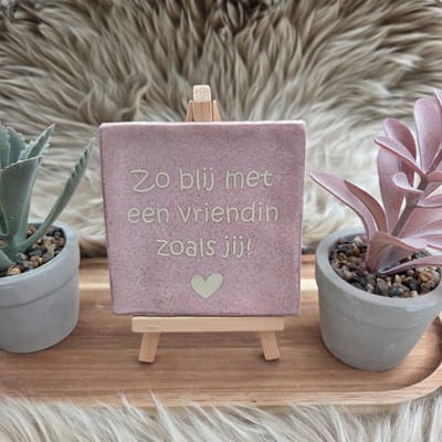Robuust wenstegeltje – Zo Blij met een vriendin zoals Jij – 10x10 cm – Spreuktegel – Cadeau voor vriendin – Trendy nu – Zomaar – Vriendschap – Decoratief Tegeltje met Standaard – Cadeau Idee