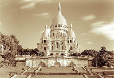 Fotobehang City Basilica Sacred Heart Paris Sepia | XL - 208cm x 146cm | 130g/m2 Vlies