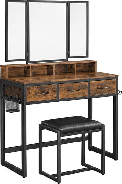 Kaptafel - Kaptafel met spiegel - Make up tafel - Inclusief kruk - 90 x 40 x 141 cm - Bruin - Zwart