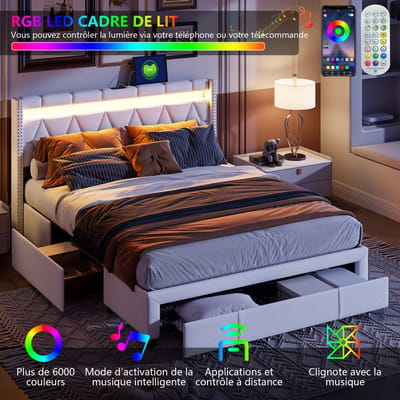 Tweepersoonsbed 160x200 cm – Gestoffeerd Bed met 3 Laden, LED Hoofdbord & USB, Inclusief Lattenbodem