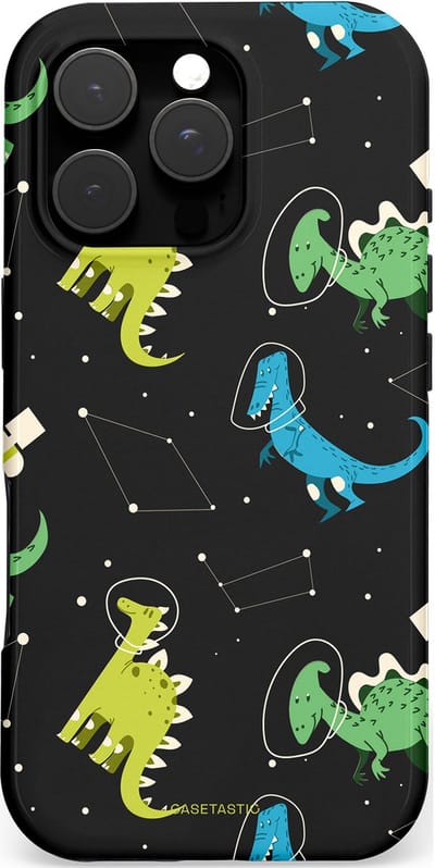 Casetastic hoesje geschikt voor Apple iPhone 16 Pro - MagSafe - Dubbellaagse bescherming - Dino in de sterren - Fashion Case - Zwart Groen