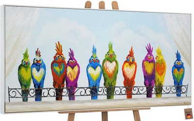Canvas schilderij groot handgeschilderd grappige vogels kleurrijk – YS-Art Gallery – Vrolijke wanddecoratie voor woonkamer – Uniek schilderij voor kinderkamer en hal