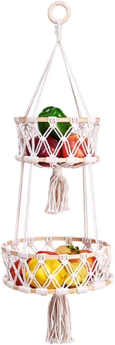 Hanging Macrame Mand met 2 Niveaus, Bohemian Wandopslag voor Fruit en Decoratie in Keuken, Woonkamer en Badkamer