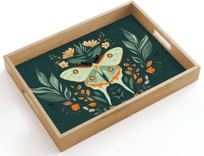 Dienblad hout 40x30 cm - Schootdienblad - Sierlijk - Vlinder - Groen - Bladeren - Borrelplank rechthoek - Plateau dienbladen