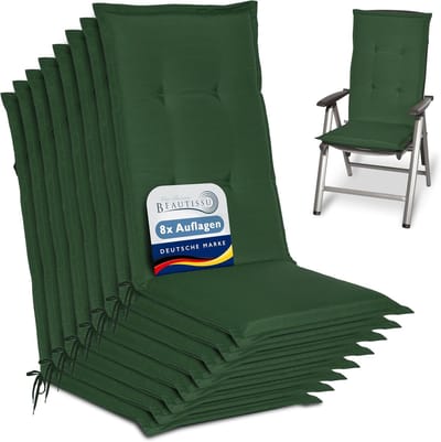 Beautissu Loft HL Set 8 x Tuinkussens Hoge Rug- 120 x 50 cm - Donkergroen Kussen - Zitkussen UV- Lichtecht Tuinstoelkussen
