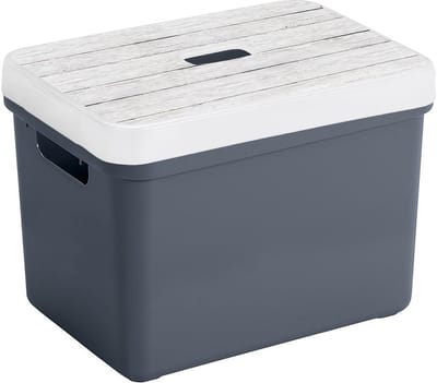 Sunware Opbergbox - donkerblauw - 18L - kunststof - met houtkleur deksel - 35 x 25 x 24 cm