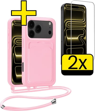 Hoesje Geschikt voor iPhone 17 Pro Max Telefoonhoesje Met Koord Case Pashouder Met 2x Screenprotector Siliconen - Hoes Geschikt voor iPhone 17 Pro Max Hoesje Met Kaarthouder - Lichtroze
