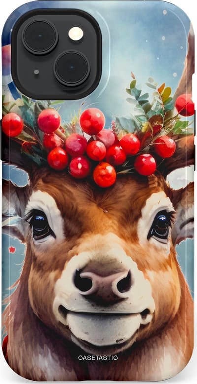 Casetastic hoesje geschikt voor Apple iPhone 15 - MagSafe - Dubbellaagse bescherming - Rudolph het Kerst Rendier - Fashion Case - Zilver Taupe Donkergrijs Perzik
