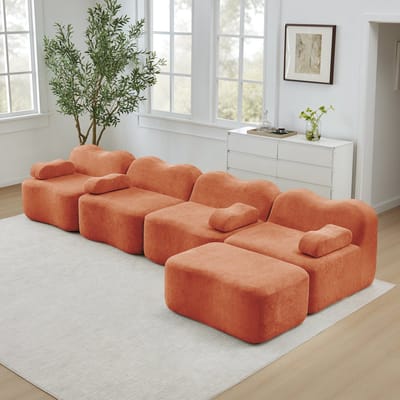 MODENUIT Hoekbank 4-Zits - Modulair Met Ottomaan En Golfvorm - Voor Woonkamer En Appartement - Fluweel Oranje