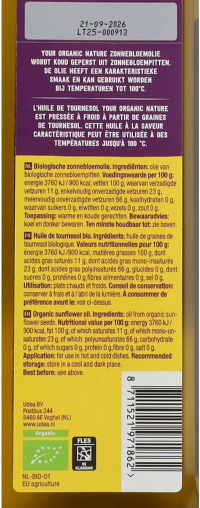 Your Organic Nature Zonnebloemolie Biologisch - 1 liter
