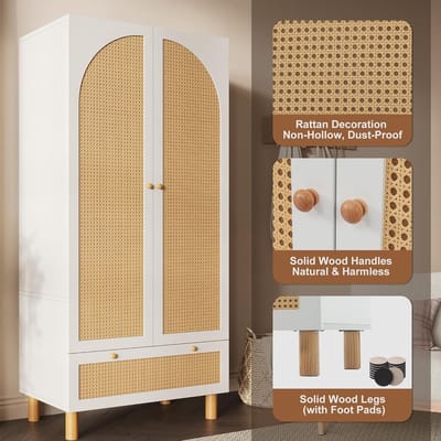 Landelijke Garderobekast 2 Deuren met - 180x85x52 cm - Wit - Deuren Rotan Grote Lade – - Medahomestore