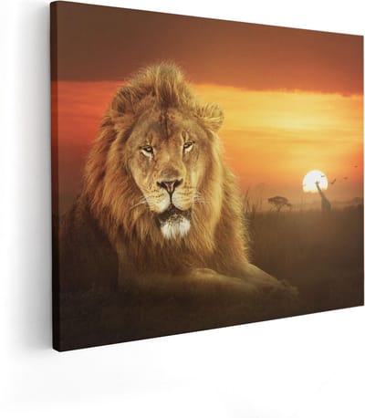 Artaza Canvas Schilderij Leeuw - 100x80 cm - Groot - Wanddecoratie Afrika - Muurdecoratie Zonsondergang - Schilderijen Dieren