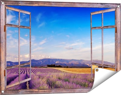 Gards Tuinposter Doorkijk Raam met Lavendel Veld - 90x60 cm - Tuindoek - Tuindecoratie - Wanddecoratie buiten - Tuinschilderij