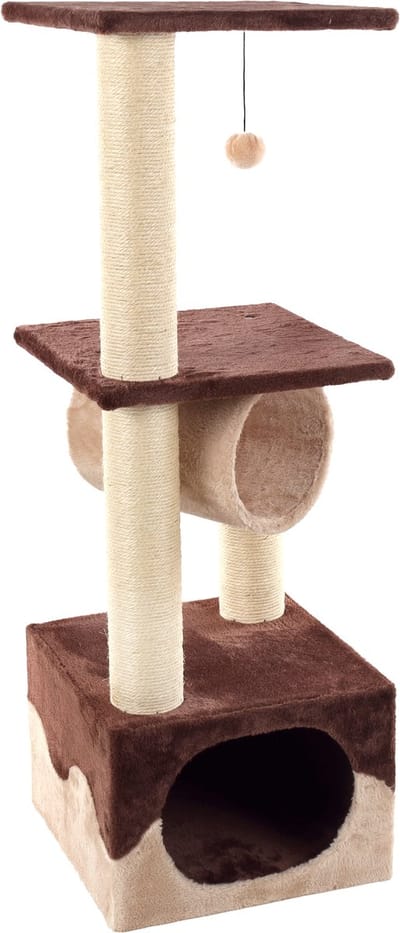 Krabpaal – Flamingo Kangri 5 Bruin & Beige – 35x35x102 cm – krabpaal met tunnel, huisje & ligplateaus – krabmeubel met speeltje – kattenboom voor alle kattenrassen