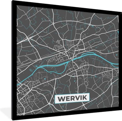 Fotolijst incl. Poster - Plattegrond – Wervik – Blauw – Stadskaart - Kaart - 40x40 cm - Posterlijst