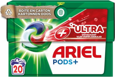 Ariel +Ultra - Vlekverwijderaar & Wasmiddelcapsules - Pods+ - Witte en Gekleurde Was - 20 Wasbeurten