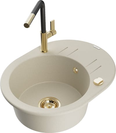 Mexen Kevin granieten gootsteen met 1 compartiment, afdruiprek en Flora keukenkraan, beige - 6517-69-670401-57-G