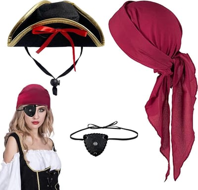 Piratenkostuum Set met Piratenhoed, Ooglapje en Sjaal voor Themafeesten, Cosplay en Halloween