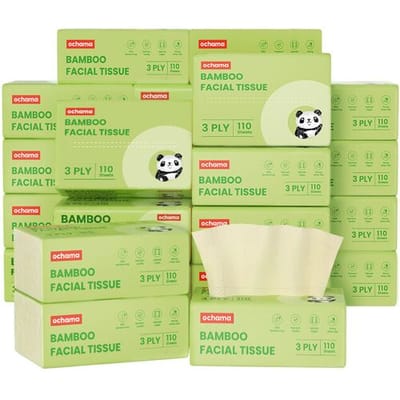 ochama Bamboe Gezichtstissues, 3-Laags, 2640 Vellen (110 Vellen×24 Pakken), FSC-gecertificeerd, Ongebleekt Bamboepulppapier, Familieverpakking