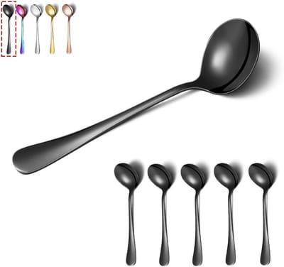 Set van 6 Ronde Zwarte Soeplepels van Roestvrij Staal met Titanium Coating, Vaatwasserbestendig Bestek voor Soep en Dessert