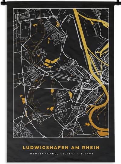 Wandkleed - Wanddoek - Ludwigshafen Am Rhein - Goud - Plattegrond - Kaart - Stadskaart - Duitsland - 120x180 cm - Wandtapijt
