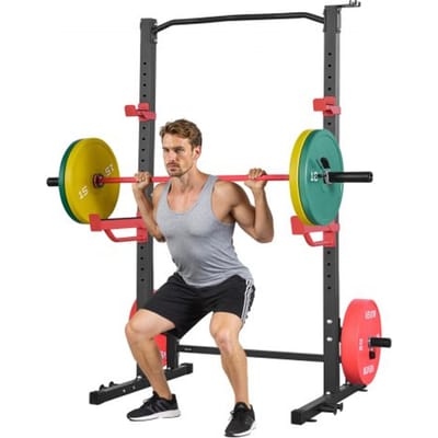 VEVOR Power Cage Squat Rack, 454 kg draagvermogen, multifunctioneel krachtrek voor thuisgym met 4 bandhouders, verstelbare J-haak en veiligheidsstangen voor pull-ups met halterstang.