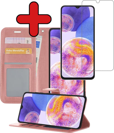 Hoesje - Met Screenprotector - Geschikt voor Samsung Galaxy A23 - Luxe Pasjeshouder - Flipcase - Bookcase Portemonee - Flip Case - Kunstleer Book Case - Book Cover - Walletcase - Portemonneehoes - Telefoonhoes - Rosé goud