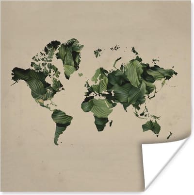Poster 30x30 cm - Wereldkaart - Planten - Patroon - Posters - Kamer decoratie - Wanddecoratie woonkamer - Muurdecoratie slaapkamer
