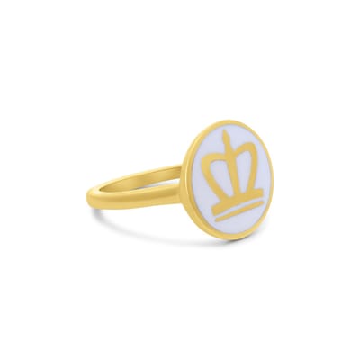 New Bling 9LA-20029-50 Zilveren Ring met Kroontje - Kroon - 12mm Doorsnee - Emaille - Wit - Maat 50 - Zilver - Verguld/Goud op Zilver