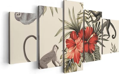 Artaza Canvas Schilderij Vijfluik Tropische Bloemen Met Apen Achtergrond - 100x50 - Foto Op Canvas - Canvas Print