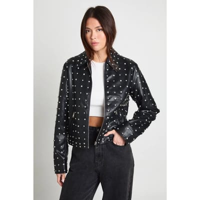 boohoo Dames Super Zachte Premium Kunstleren Diamante Jas | Black | Maat: 8