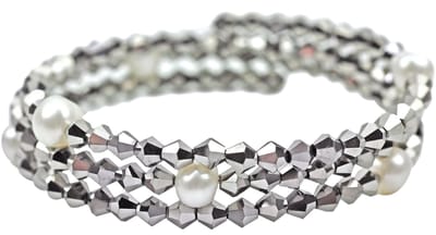 Zoetwater parel armband Pearl W Metalic Silver - echte parels - wit - zilver - kristallen - wikkelarmband - luxe sieraden zakje - parel armband dames - zoetwaterparel