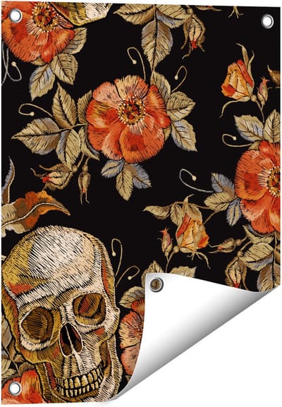 Gards Tuinposter Doodshoofden met Bloemen - Schedels - 40x50 cm - Tuindoek - Tuindecoratie - Wanddecoratie buiten - Tuinschilderij