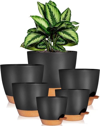 Bloempot van kunststof met schotel 20,3/17,7/16,5/15,2/14/12,5cm, set van 6 zelfbewaterende plantenbakken kruidenpot keukenset, ronde plantenbak voor balkon vetplanten cactus, zwart