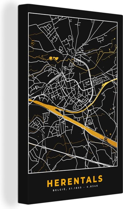 Canvas Schilderij Stadskaart - Plattegrond - Kaart - Goud - Herentals - 20x30 cm - Wanddecoratie