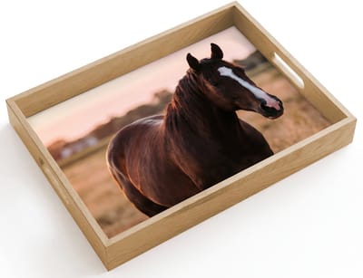 Dienblad hout 40x30 cm - Schootdienblad - Paard - Zonsondergang - Bruin - Borrelplank rechthoek - Plateau dienbladen