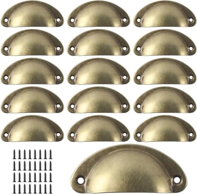 Vintage Deurknoppen Set van 16 - Gele Bronzen Meubelgrepen voor Keukenkasten en Lades met Schroeven