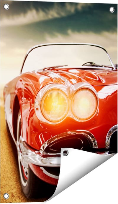 Gards Tuinposter Oude Rode Auto - Retro - 40x60 cm - Tuindoek - Tuindecoratie - Wanddecoratie buiten - Tuinschilderij