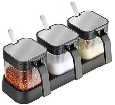 QTTVBTNA -3-delige kruidenpot set met deksel, lepeltje en dienblad – Vierkante glazen kruidenpotten van 250 ml – Ideaal voor zout, suiker, thee en specerijen – Duurzame kruidenhouder voor keukenopslag